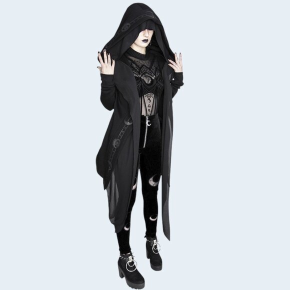Restyle  Fortune Teller Black Hoodie with Veil, XS, Gothic Winter Coat - Picture 6 of 11
